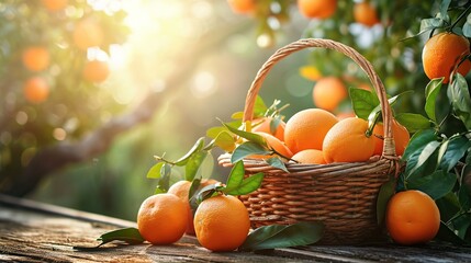 Organic ripe orange tangerine crop or citrus harvest in basket on wood against garden background. Image of orange juice. copy space for text. - obrazy, fototapety, plakaty