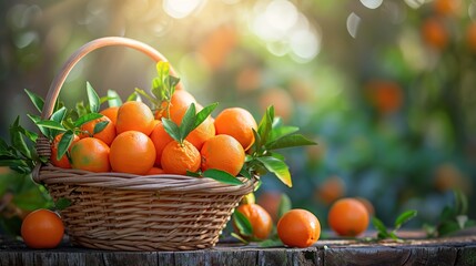 Organic ripe orange tangerine crop or citrus harvest in basket on wood against garden background. Image of orange juice. copy space for text.