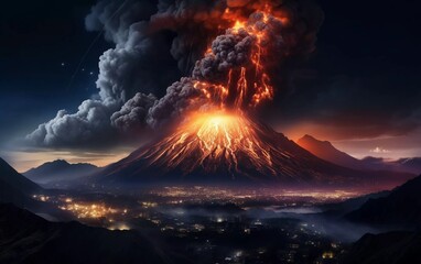 realistic photo The volcano erupts at night, with high explosive power. generative ai