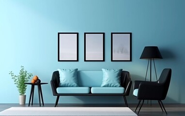 realistic photo of modern living room interior design, black sofa and armchairs light blue wall with poster. generative ai