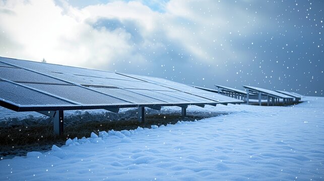 The contrast of a snow-draped roof adorned with a solar panel underscores renewable energy efforts, particularly in wintry conditions, encapsulating eco-friendly ideals.