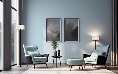 realistic photo of modern living room interior design, black sofa and armchairs light blue wall with poster. generative ai