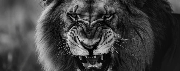 Foto op Plexiglas anti-reflex Close-up of an angry lion's head. lion in monochrome style © BISMILAH