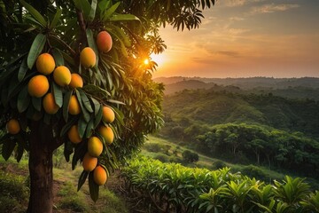 Bunch of fresh ripe mangoes hanging on a tree in mongo garden with sunset.  - obrazy, fototapety, plakaty