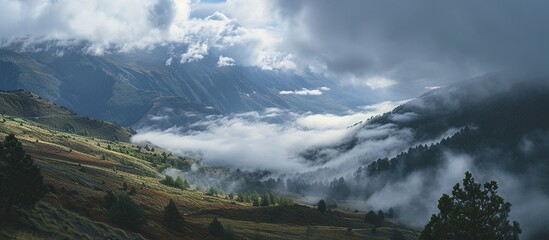 view from above. Clouds covering the mountains