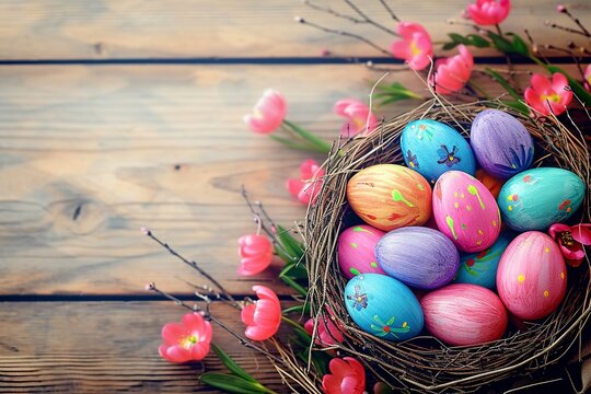 Vibrant Painted Eggs Nestled in a Basket with Tulips, Set against a Natural Wooden Plank. Made with Generative AI Technology