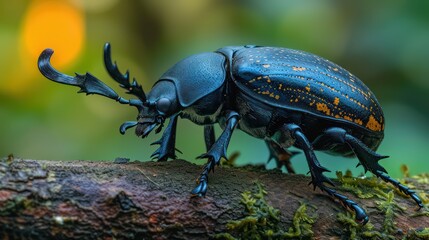 Naklejka premium Close up black rhinoceros beetle in nature