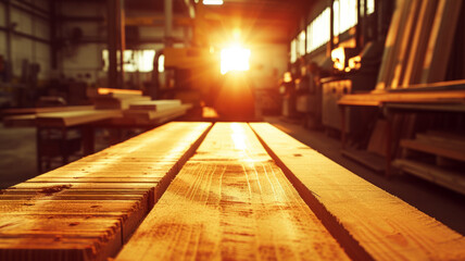 The bright sun penetrates the window and illuminates the smooth surface of the wooden boards.