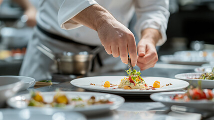 Michelin chef artfully prepares an exquisite plate with a creative focus