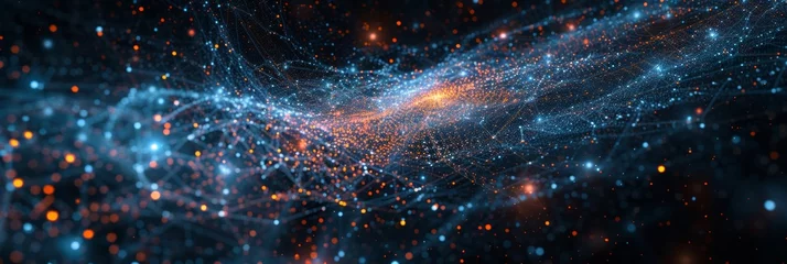 Foto op Plexiglas Big data analysis abstract background, illustrating a starry expanse where data points and connections form a luminous and intricate galaxy of information and analysis. © Bilas AI