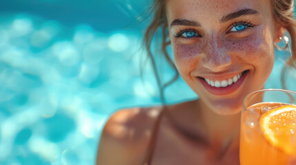 beautiful young smiling tanned woman holding a glass of lemonade against the background of a blue outdoor pool, summer, vacation, relax, girl, portrait, face, blue eyes, hotel, country club, spa