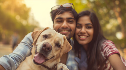 Urban Indian Couple Taking Selfie with Pet Outdoors, Mobile Fun