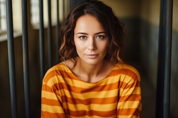 A woman behind bars in prison. The prisoner looks into the camera