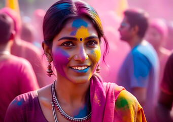 Indian woman with colorful holi powder at a holi festival, candid portrait. Generative AI