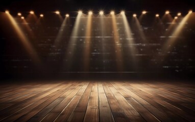 realistic photo Empty wooden floor with lights on stage with theater background. generative ai