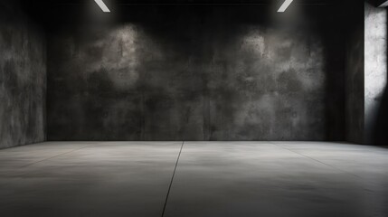 Empty studio space with dark concrete walls, a spotlight, and a concrete floor. - obrazy, fototapety, plakaty