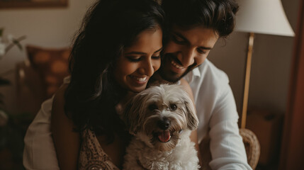 Joyful urban couple capturing indoor moments with their pet using mobile.