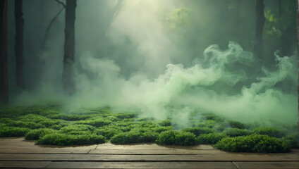 Tea green-colored mist emanating from the floor, introducing a refreshing and earthy element to the surroundings. 