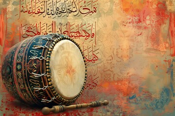 traditional drum with intricate designs and Arabic script in the foreground.