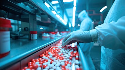 A cutting-edge pharmaceutical factory featuring dynamic pills in motion on a conveyor, exemplifying drug manufacturing at its finest.