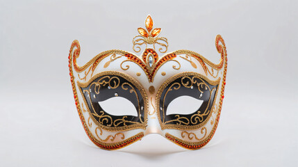 A stunning, intricately designed opera carnival mask, beautifully adorned with feathers and jewels, isolated on a crisp white background. Perfect for adding a touch of elegance and mystery t