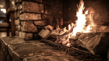 Burning wood in the fireplace.