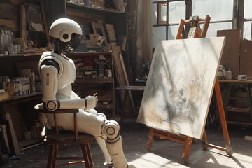 Fototapeta premium Robot Ai robot drawing on canva studio, Cyborg painting. Humanoid Robot.