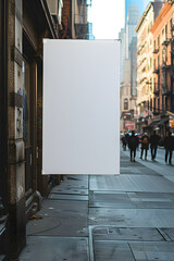 Minimalistic ad advertising with blank white empty board frame billboard sign template with copy space for text on the city street wall, business announcement promotion concept