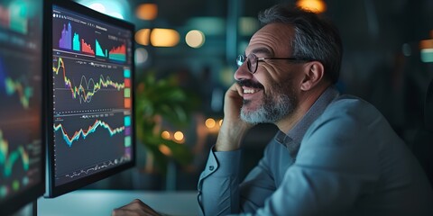 Smiling professional man analyzing stock market trends on computer screens. financial expert in casual office. contemporary workspace ambiance. AI
