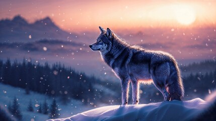 wolf in the snow at dusk