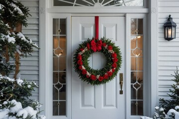 Beautiful wreath hanging on entrance door. Elegant wreath on white wooden door in snowy day. 