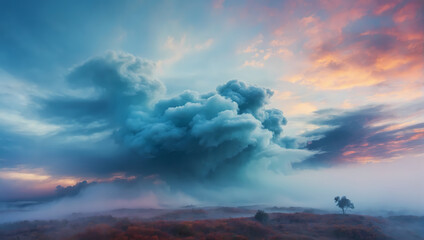 Azure skies-colored fog swirling and dancing, evoking a sense of openness and vastness in the atmospheric display. 