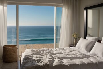 Close up bedroom with white messy bedding and big window with view to beautiful ocean beach. 