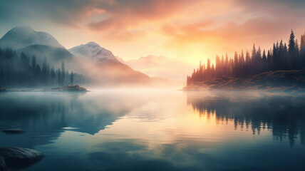 Fototapeta premium Misty Mountain Lake at Sunset, Ethereal Tranquility