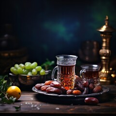 Ramadan food and drinks concept Ramadan wood rosary.