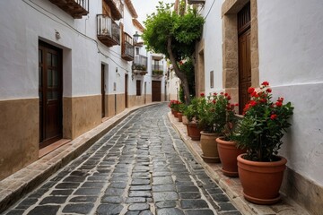 a narrow cobblestone street lined with potted plants, spanish alleyway, cobblestone roads, narrow and winding cozy streets,