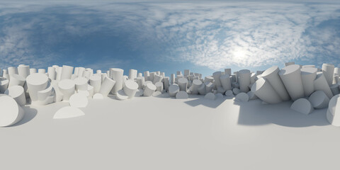 Abstract White Geometric Shapes Creating a Cityscape Under a Cloudy Sky 360 panorama vr environment map