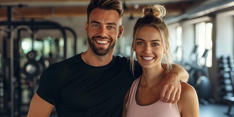 Beautiful young couple is smiling and looking at camera while working out in gym