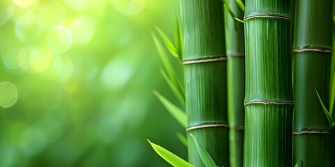 Green bamboo forest with sunlight and bokeh. Nature background.