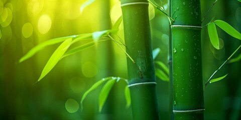 Obraz premium Green bamboo forest with sunlight and bokeh. Nature background.
