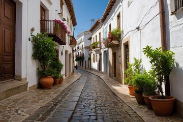 Fototapeta na wymiar Picturesque narrow street in Spanish city old town. Typical traditional whitewashed houses with blooming plants, flowers, cobbled street in a small cozy town in Spain