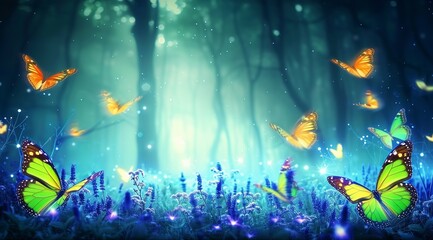 Obraz na płótnie Canvas Whimsical Butterflies Fluttering Amidst the Mystic Woods. Made with Generative AI Technology