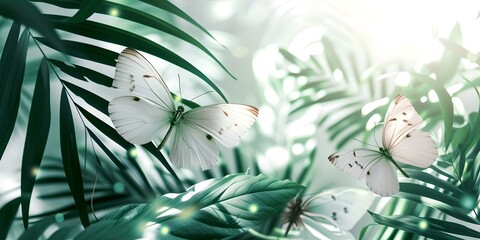 Tranquil nature backdrop with butterflies amidst lush foliage. perfect for relaxation and design backgrounds. surreal and serene image composition. AI