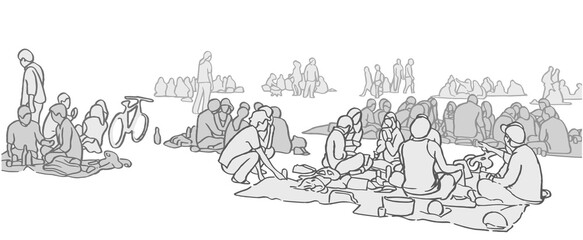 Illustration of people relaxing, sunbathing, having picnic in warm weather