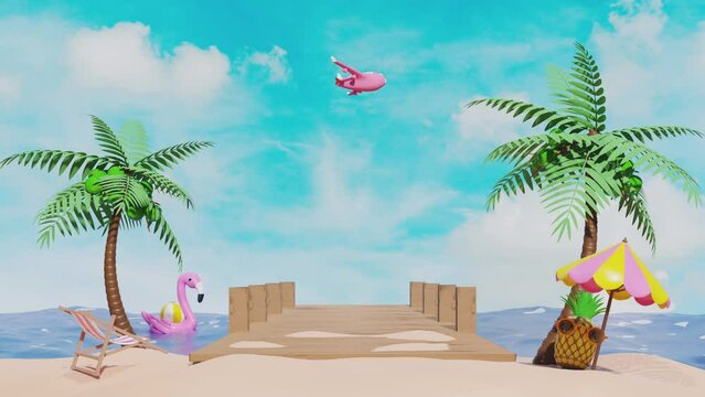 3d summer travel with wooden bridge leading into the sea on a bright day, palm tree, beach chair, Inflatable flamingo, sea beach, blue sky landscape background. 3d render illustration