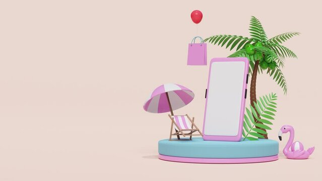cylinder stage podium with mobile phone or smartphone, beach chair, Inflatable flamingo, palm leaf, shopping paper bags, online shopping summer sale concept, 3d illustration render, alpha channel