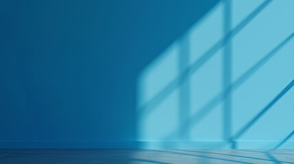 Blue wall with shadows in empty room. Geometric shadow on light blue wall. Minimal interior background