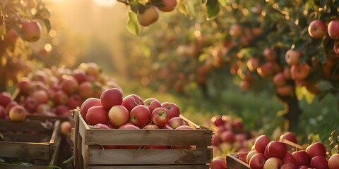 Sunlit apple orchard with harvested fruits in wooden crates. rural autumn scene capturing agriculture. fresh organic produce theme. AI