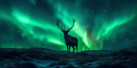 Majestic deer under northern lights on a starry night. ethereal natural wonder, ideal for calm backgrounds. captivating wilderness scene. AI
