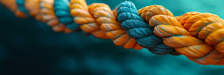 A yellow and blue close up of a thick rope on blue background banner - AI Generated - obrazy, fototapety, plakaty